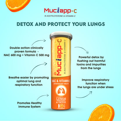 Muciapp NAC & Vitamin C - 10 Tablets (Pack Of 1) | N-Acetylcysteine 600mg |For Men & Women | Powerful Antioxidant & Lung Detox Support | Immune Booster for Respiratory Health, Liver Cleanse
