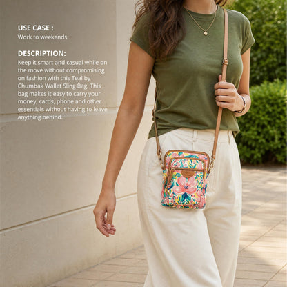 TEAL BY CHUMBAK Women's Crossbody Sling Bag, Printed Canvas Box Bag with PU Accents, Zipper Closure, Compact and Stylish Daily Use Shoulder Bag for Office, College, Travel and Casual Outings