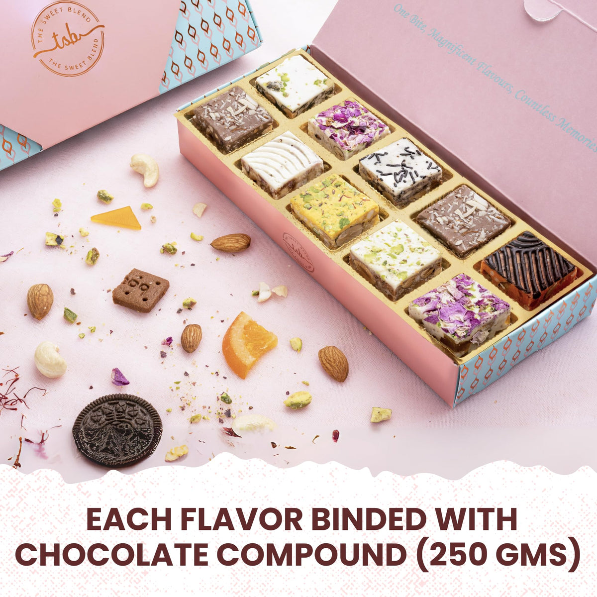 THE SWEET BLEND All Flavours Crunch Box 250g | 10 Unique Flavours of Crunchy Chocolate Mithai | Sweet Fusion Snack Bites for Raksha Bandhan - Rakhi