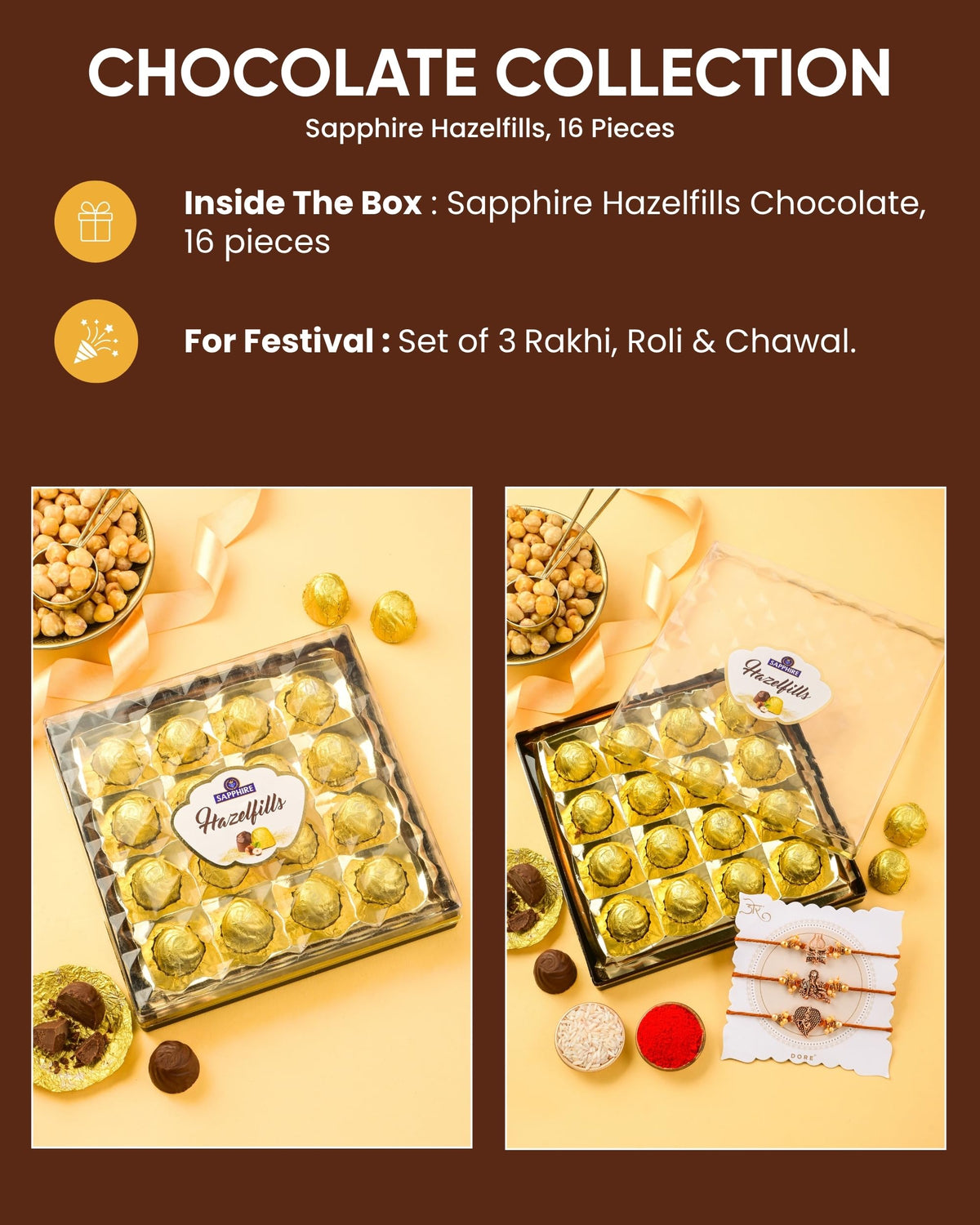 HyperFoods® Chocolates Gift Pack Rakhi For Brother Set of 3 Rakhi With Chocolates 3 Rakhi With Chocolates Gift Pack Chocolate Gifts Set of 3 Rakhi With Chocolate Hazelfills 16Pcs Trinity Rakhi Set 3