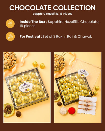 HyperFoods® Chocolates Gift Pack Rakhi For Brother Set of 3 Rakhi With Chocolates 3 Rakhi With Chocolates Gift Pack Chocolate Gifts Set of 3 Rakhi With Chocolate Hazelfills 16Pcs Trinity Rakhi Set 3