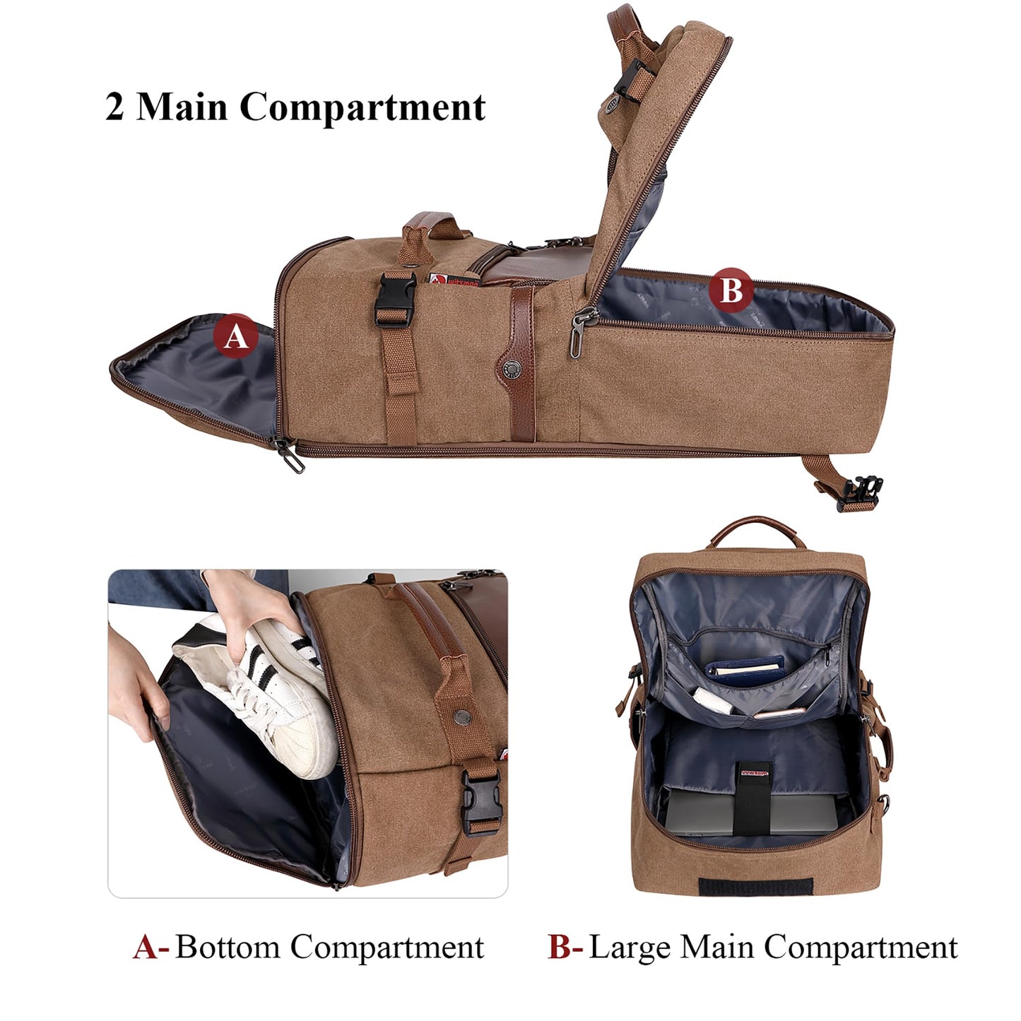 WITZMAN Travel Backpack for Men Carry on Luggage Backpack Large Man Canvas Rucksack with Shoe Compartment（A2021-2 Brown
