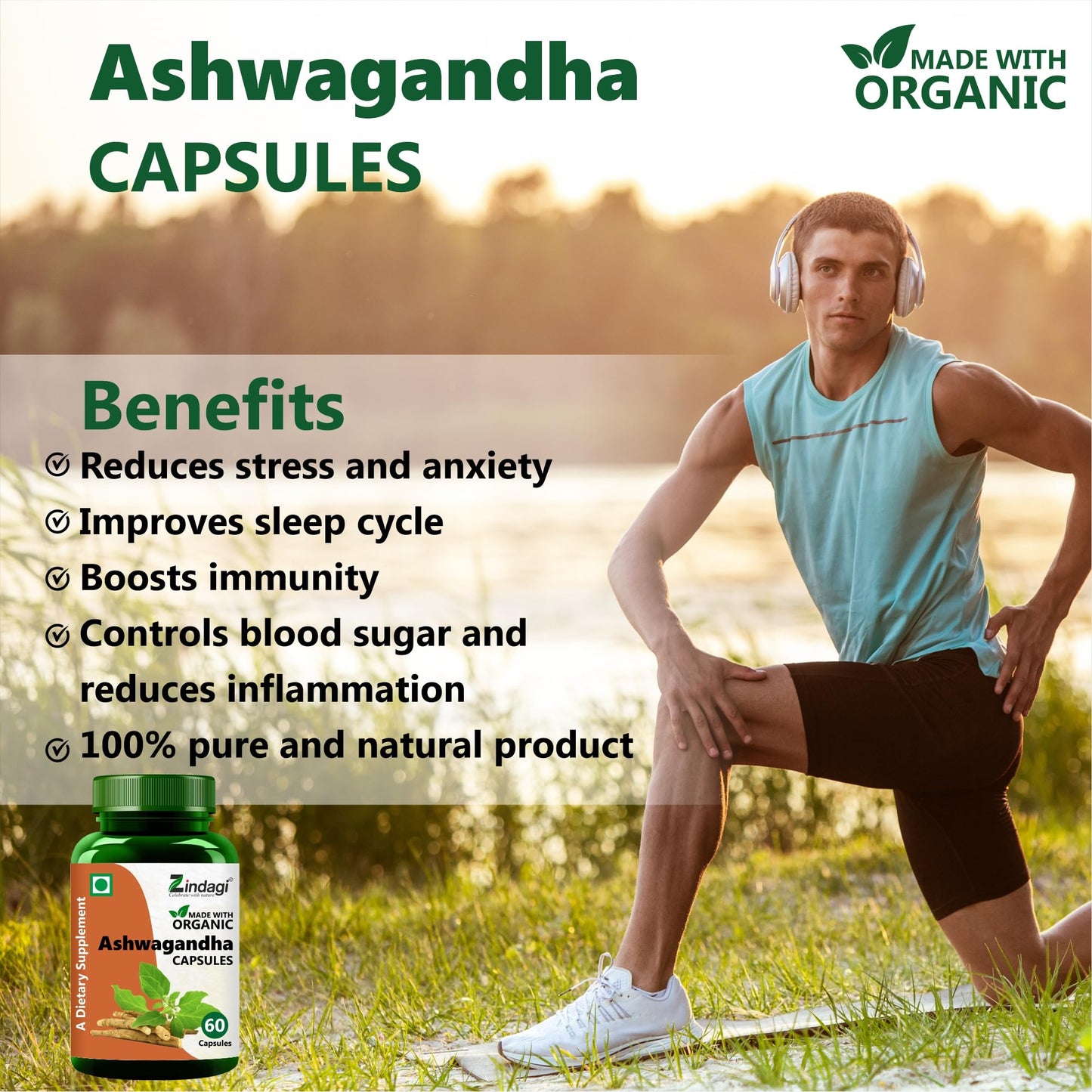 Zindagi Ashwagandha Extract Capsules - Herbal Supplement - Immunity Booster 60 Caps (Pack of 1)