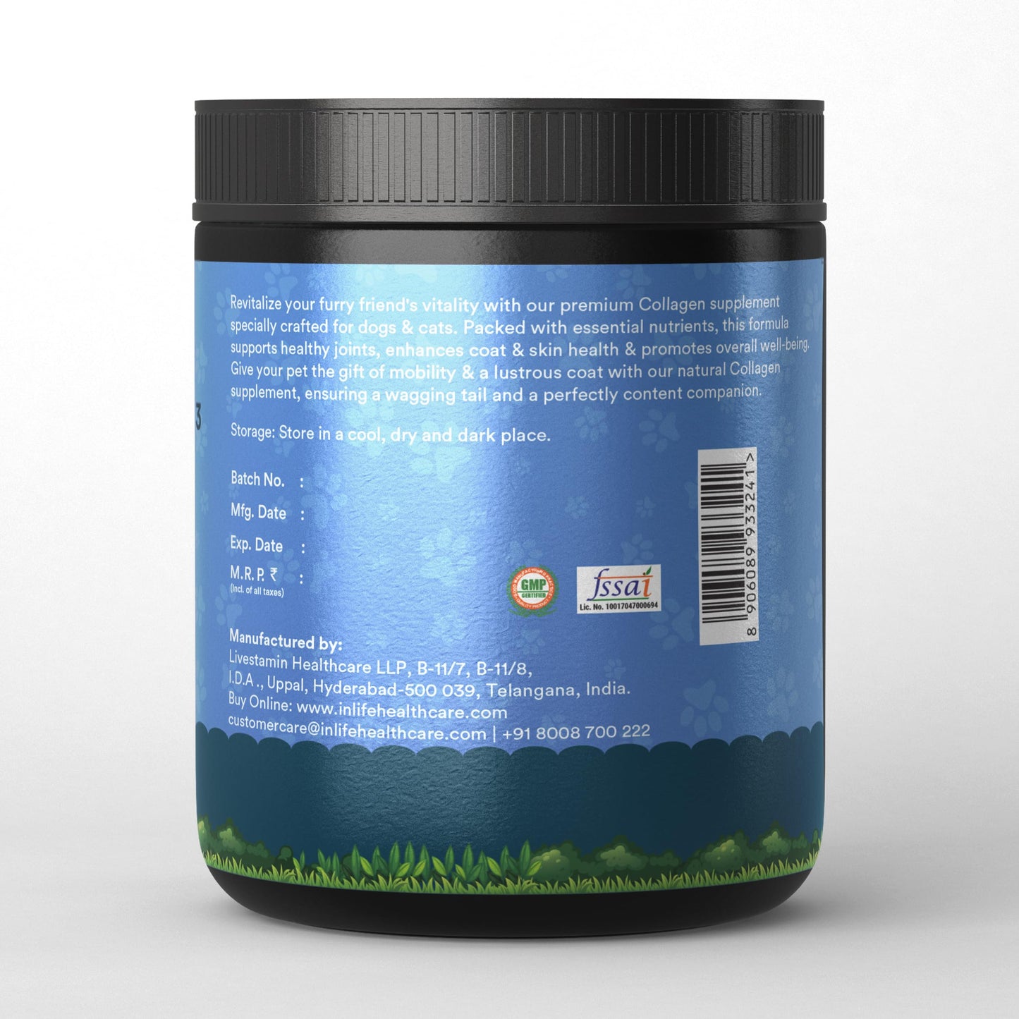 INLIFE Collagen for Dogs & Cats | Hydrolysed Collagen Powder | Clinically Proven Ingredient with Biotin, Vitamin C, Hyaluronic Acid & Glucosamine | Pet Supplement (Blueberry)