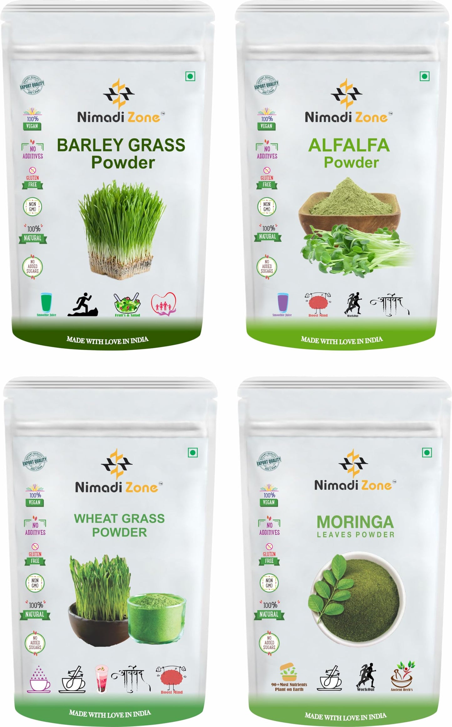 Nimadi Zone Immunity Booster Pack of 4 Moringa Powder, Alfalfa Powder, Barley Grass & Wheatgrass Powder For Health Care (100 GM Each) = 400 GM By Nimadi Zone
