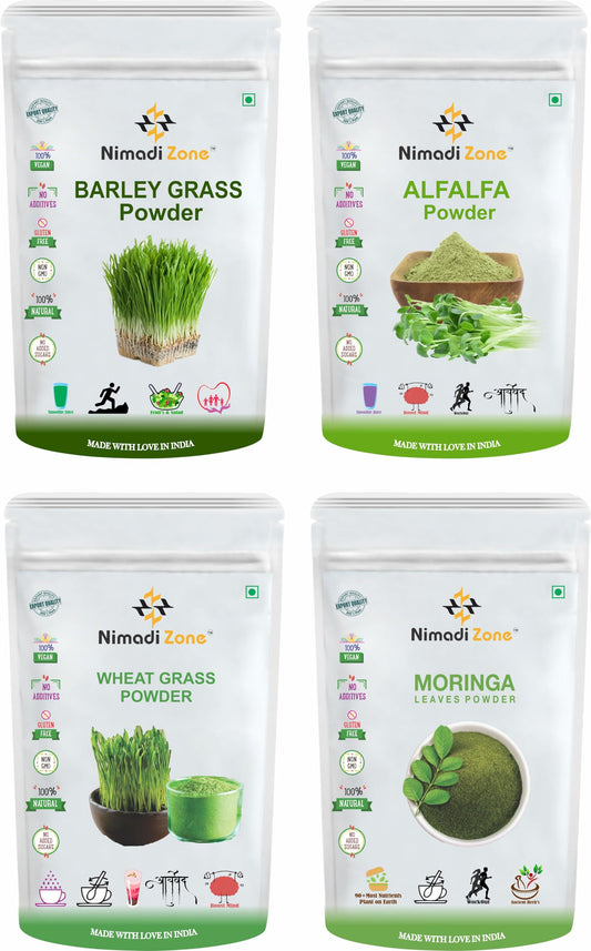Nimadi Zone Immunity Booster Pack of 4 Moringa Powder, Alfalfa Powder, Barley Grass & Wheatgrass Powder For Health Care (100 GM Each) = 400 GM By Nimadi Zone