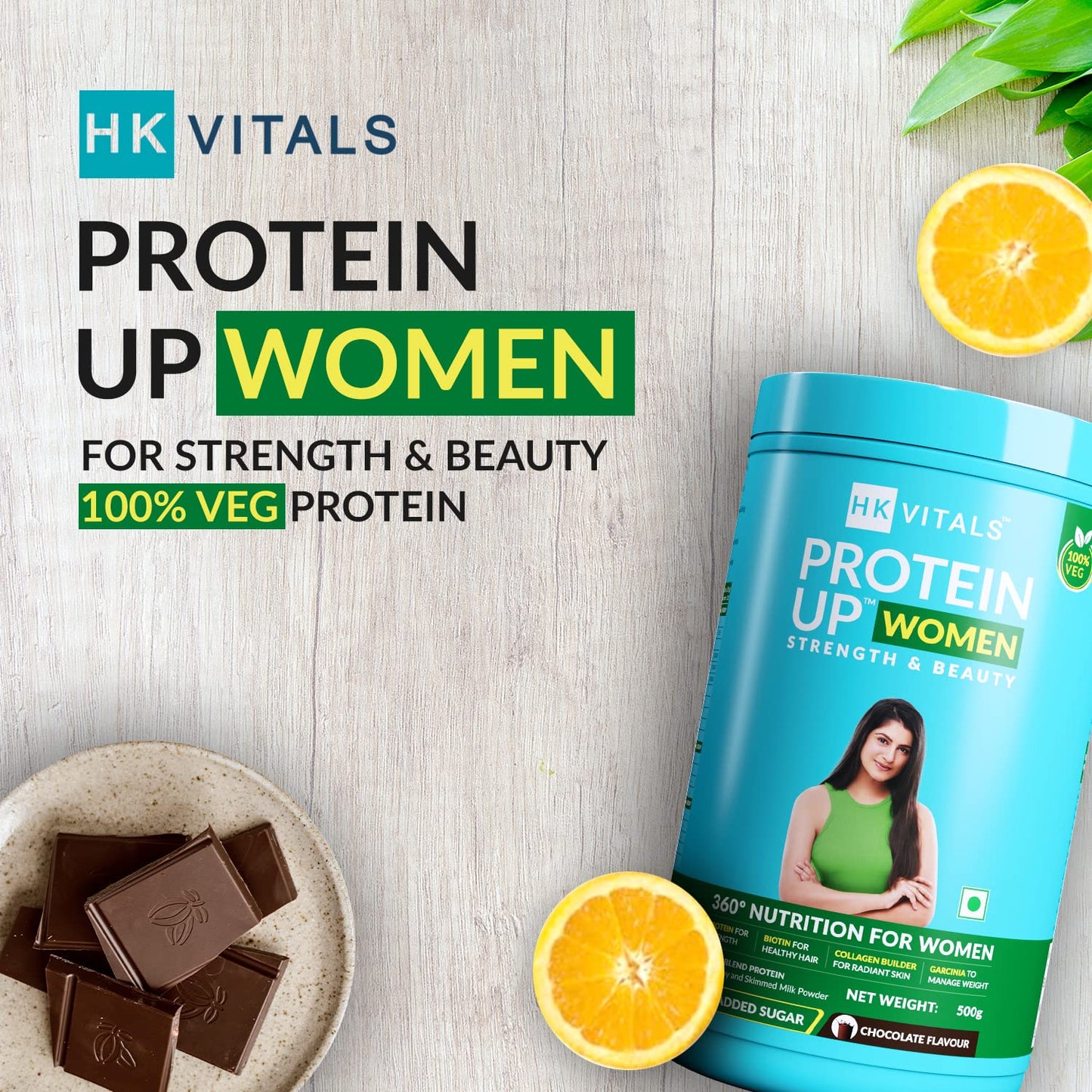 HealthKart HK Vitals ProteinUp Women (Chocolate, 500g) with Shaker, 600ml | Combo Pack | Vegetarian Protein with Soy, Whey, Collagen Builder Blend & Biotin | For Strength & Beauty