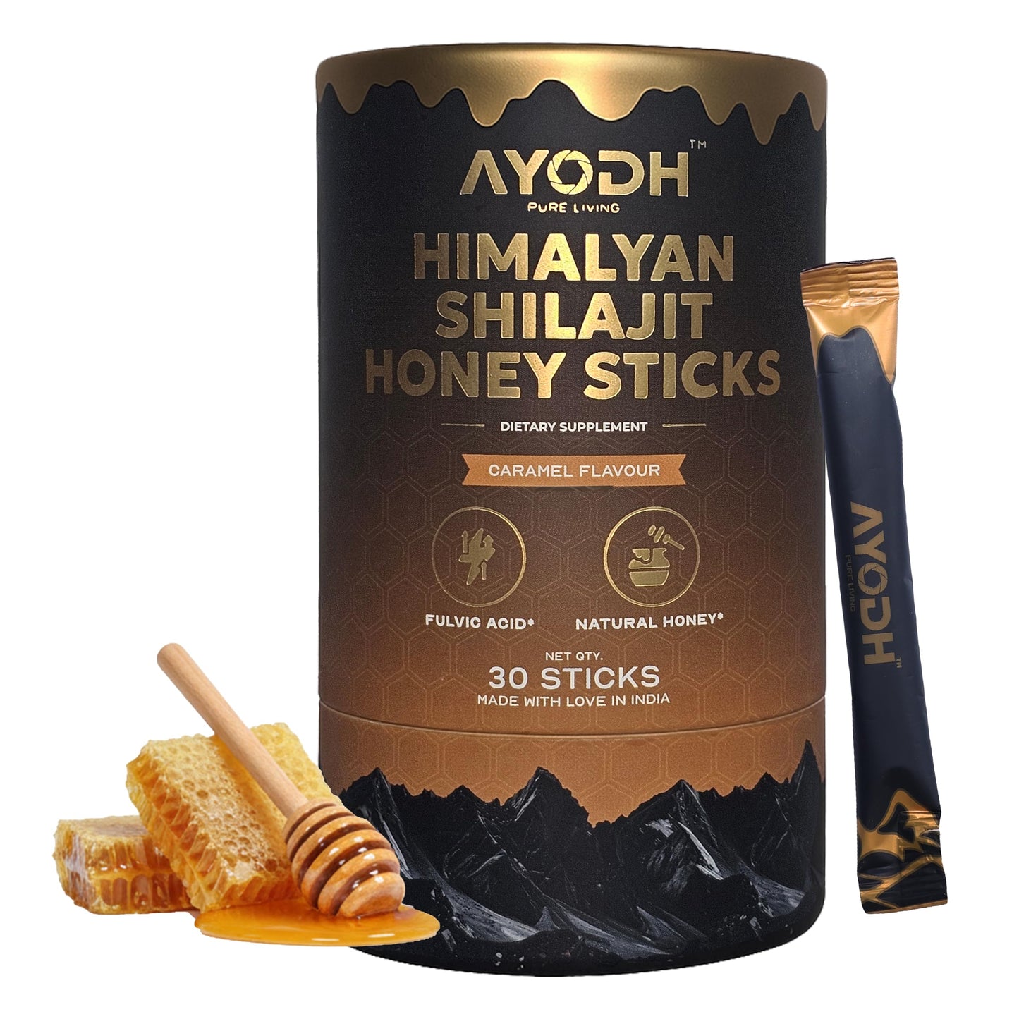 AYODH Pure Himalayan Shilajit Honey Sticks with Natural Honey Caramel 30 SingleServe Packets | Boost Energy Immunity Detoxification | Rich in Fulvic Acid Trace Minerals Perfect for Men Women | Pack of 2
