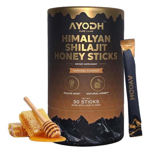 AYODH Pure Himalayan Shilajit Honey Sticks with Natural Honey Caramel 30 SingleServe Packets | Boost Energy Immunity Detoxification | Rich in Fulvic Acid Trace Minerals Perfect for Men Women | Pack of 2