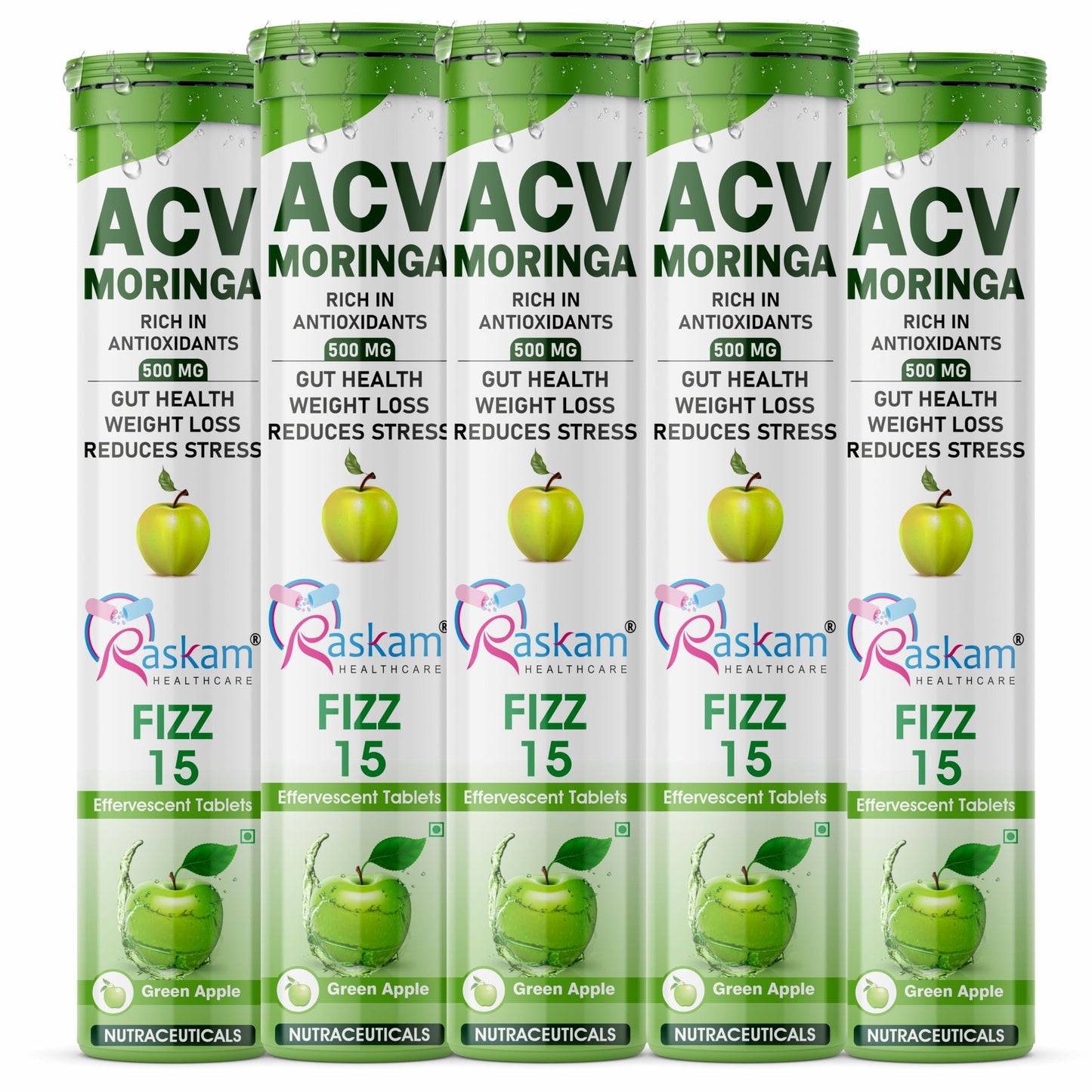 Raskam ACV Moringa Effervescent Tablets | Fizz 15 Tablets in Green Apple Flavor, 500mg| Natural Energy & Immunity Booster with Antioxidants (Pack of 5)