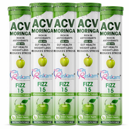 Raskam ACV Moringa Effervescent Tablets | Fizz 15 Tablets in Green Apple Flavor, 500mg| Natural Energy & Immunity Booster with Antioxidants (Pack of 5)