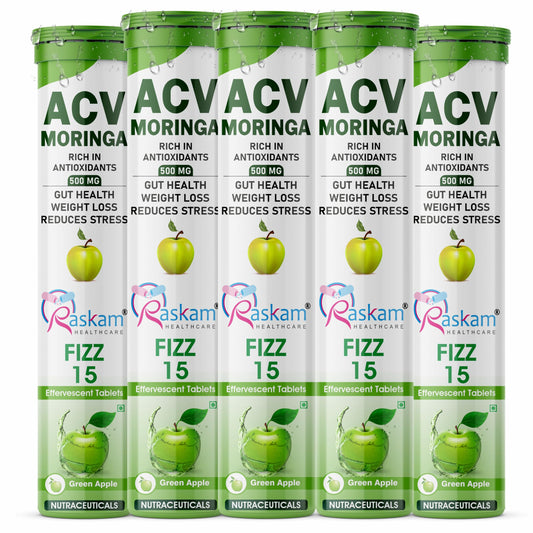 Raskam ACV Moringa Effervescent Tablets | Fizz 15 Tablets in Green Apple Flavor, 500mg| Natural Energy & Immunity Booster with Antioxidants (Pack of 5)