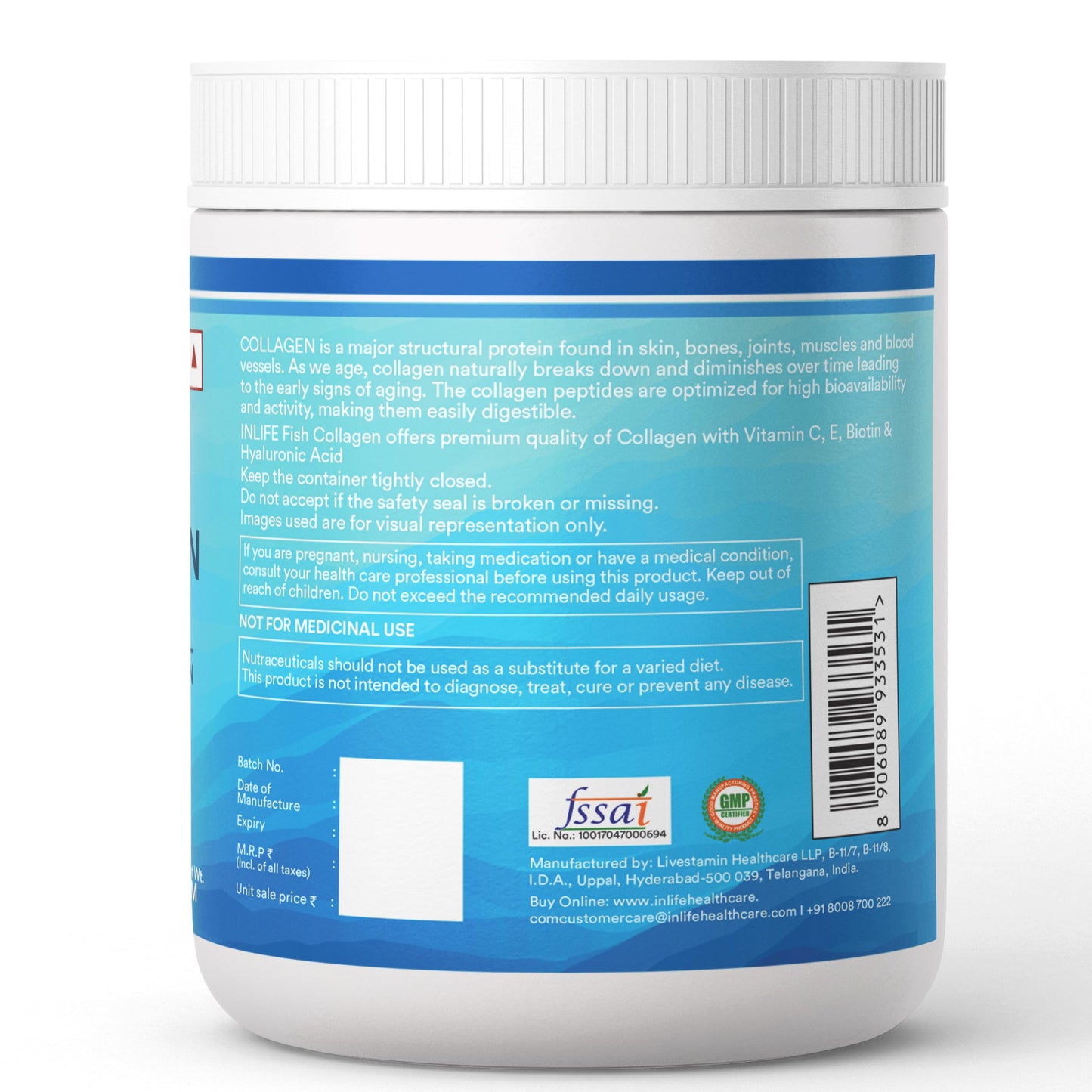 INLIFE Marine Collagen Powder, Hydrolyzed Peptides, Hyaluronic Acid Vitamin C E Biotin, Skin Hair & Joint Health, Men Women, Orange 200g