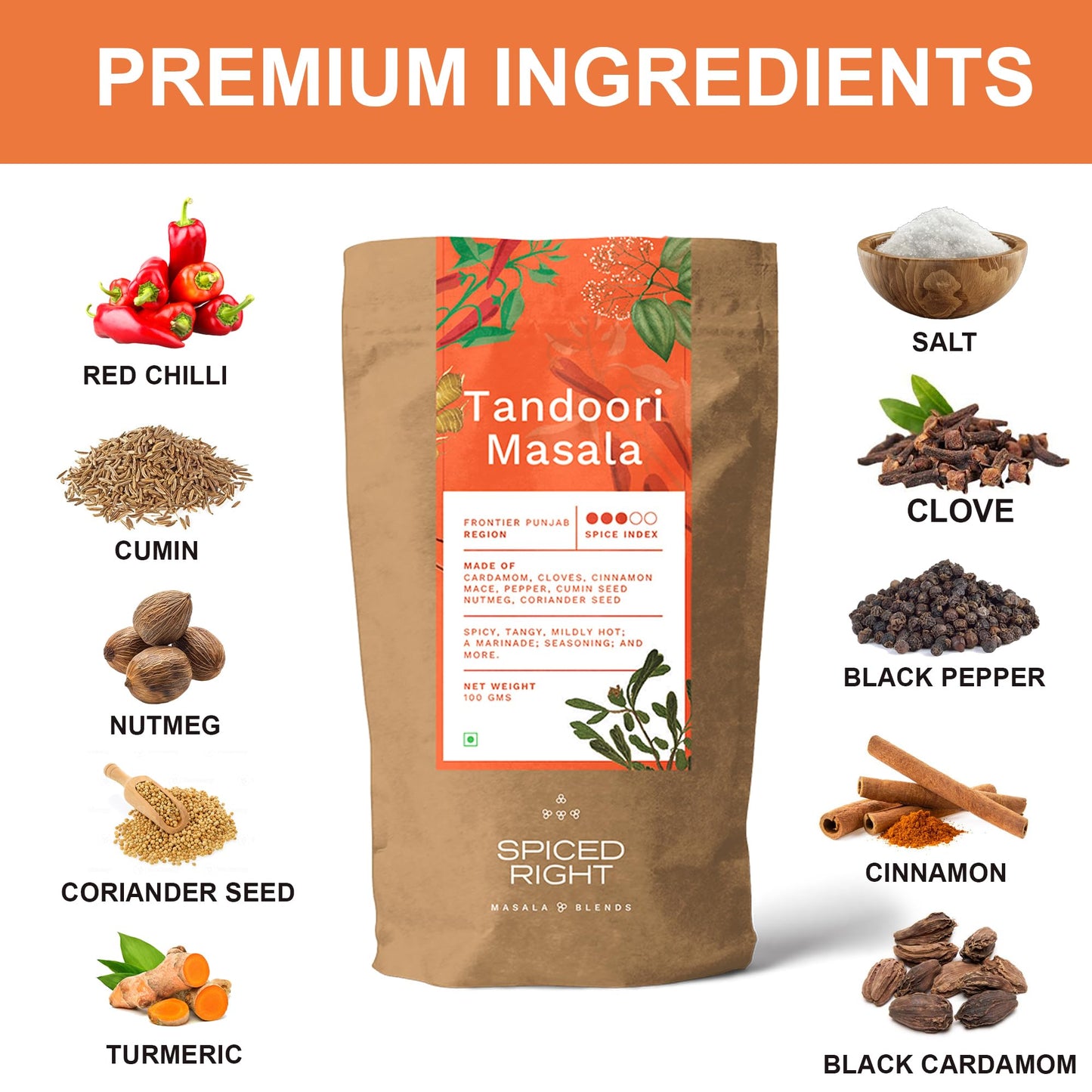 Spiced Right Tandoori Masala: 200g of Rich, Smoky Powder Masala with Garlic for Tikka, Tandoori Chicken & Paneer – Vibrant Red, Perfect for Marinating.