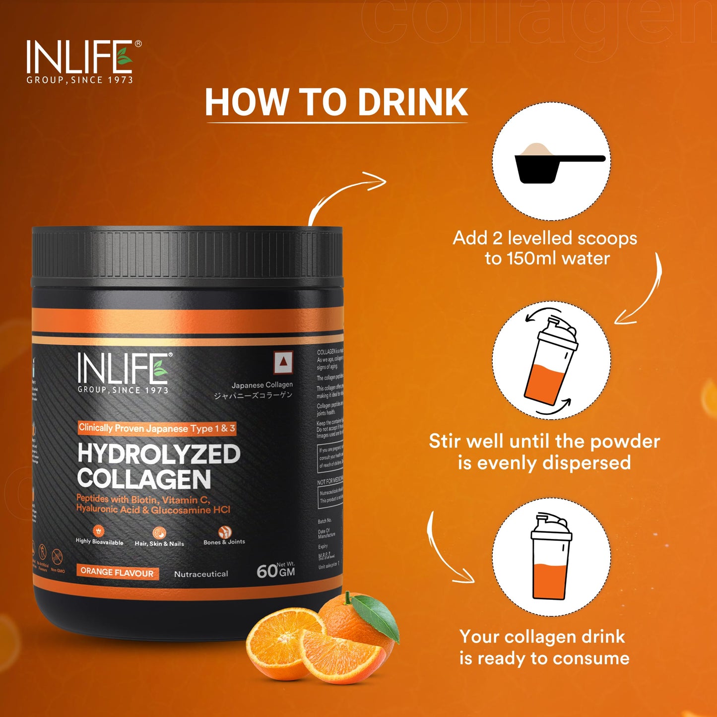 INLIFE Japanese Collagen Powder, Wellnex Clinically Studied Type 1 & 3, Glucosamine Hyaluronic Acid Vitamin C, Skin Hair & Joint Health, Orange 60g