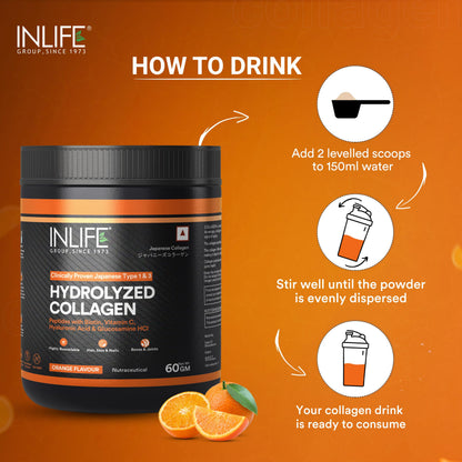 INLIFE Japanese Collagen Powder, Wellnex Clinically Studied Type 1 & 3, Glucosamine Hyaluronic Acid Vitamin C, Skin Hair & Joint Health, Orange 60g
