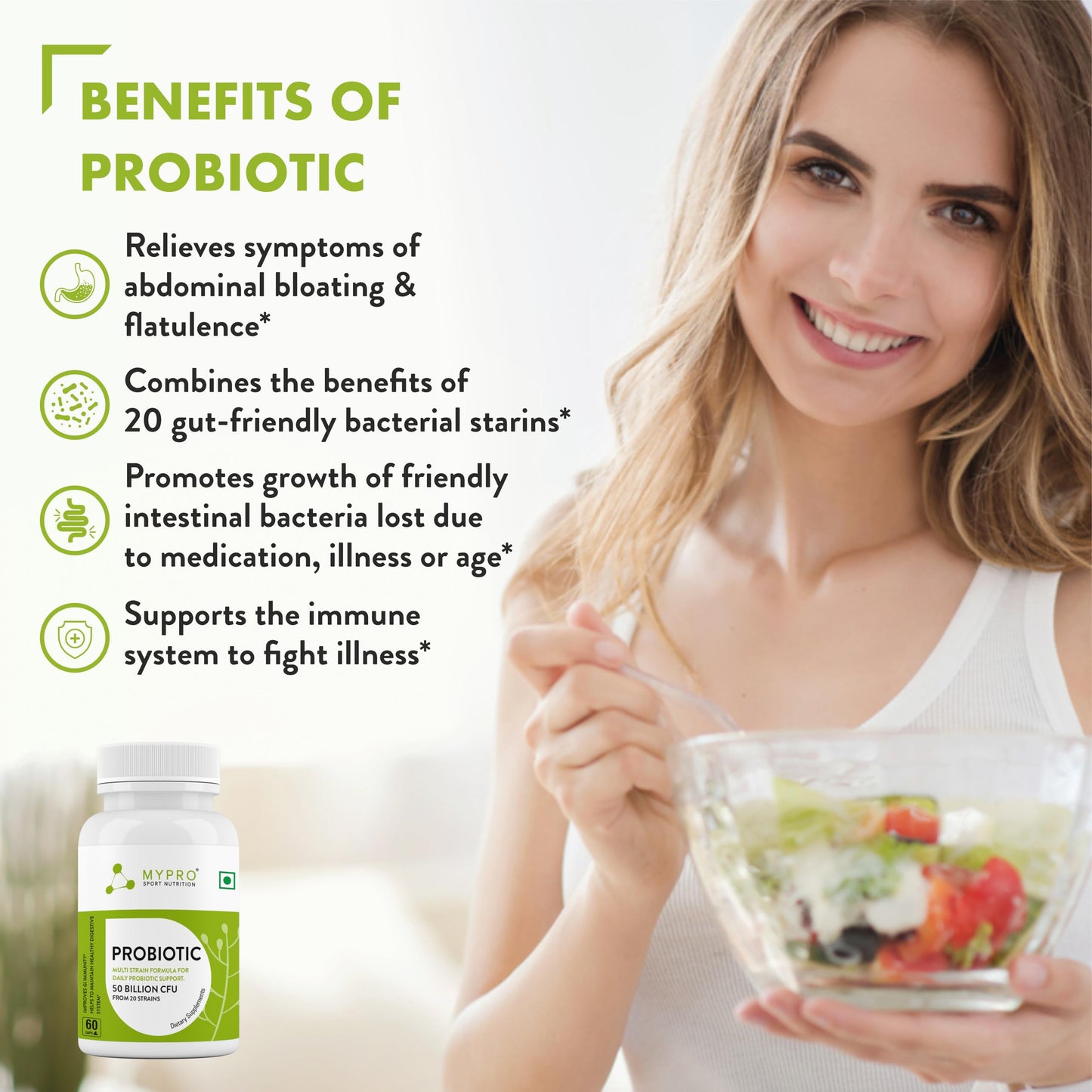 Mypro Sport Nutrition Probiotics Supplement 30 Billion FC Multi Strain Formula For Daily Probiotic Support Improves GI Immunity Helps To Maintain Healthy Digestive System For Men & Women 60-Capsules