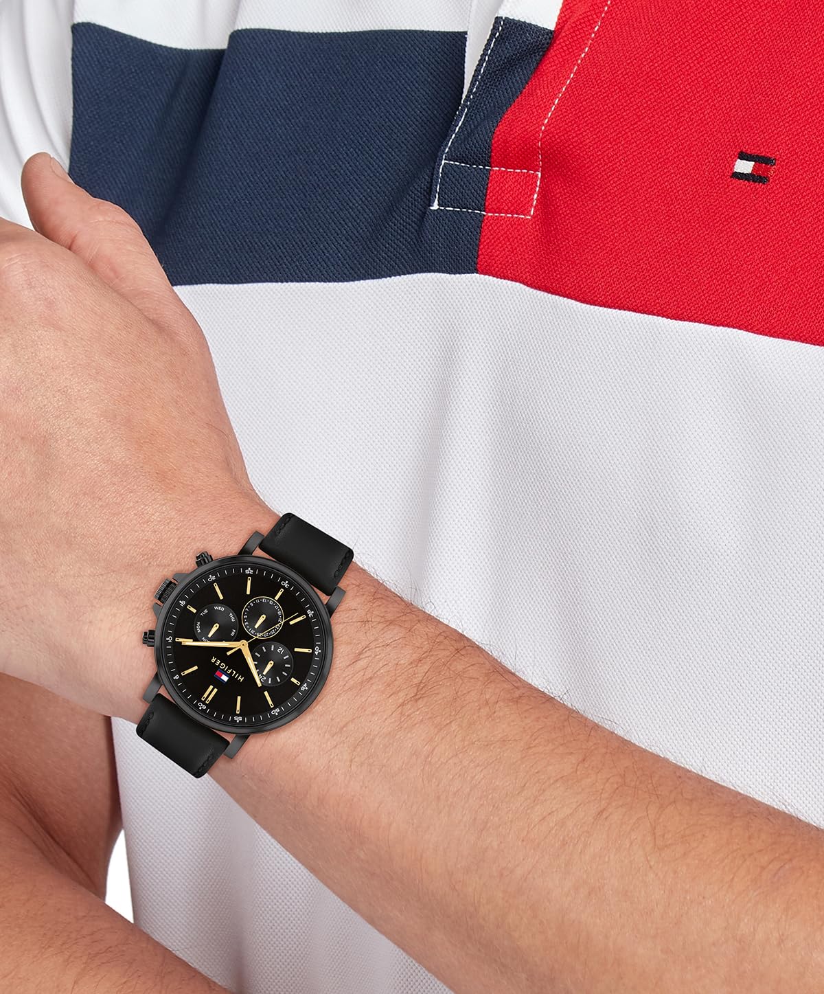 Tommy Hilfiger Men's Multifuction Stainless Steel & Black Leather Strap Analog Watch