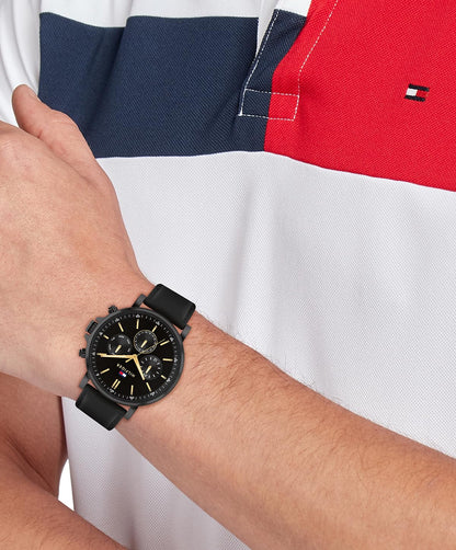 Tommy Hilfiger Men's Multifuction Stainless Steel & Black Leather Strap Analog Watch