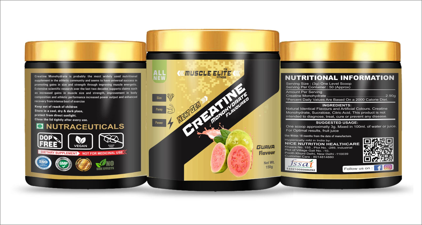 Muscle Elite Fitness Creatine Monohydrate Powder | Supplement For Lean Muscle Growth | Creatine Powder for Workout | New Generation Gym Supplement for Men & Women [50 Servings, Guava] Free Shaker