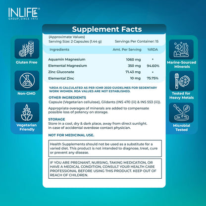 INLIFE Aquamin Marine Magnesium, Highly Bioavailable with 70+ Trace Minerals, Muscle Bone & Gut Health Support, 60 Veg Capsules
