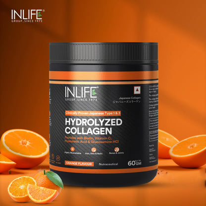 INLIFE Japanese Collagen Powder, Wellnex Clinically Studied Type 1 & 3, Glucosamine Hyaluronic Acid Vitamin C, Skin Hair & Joint Health, Orange 60g