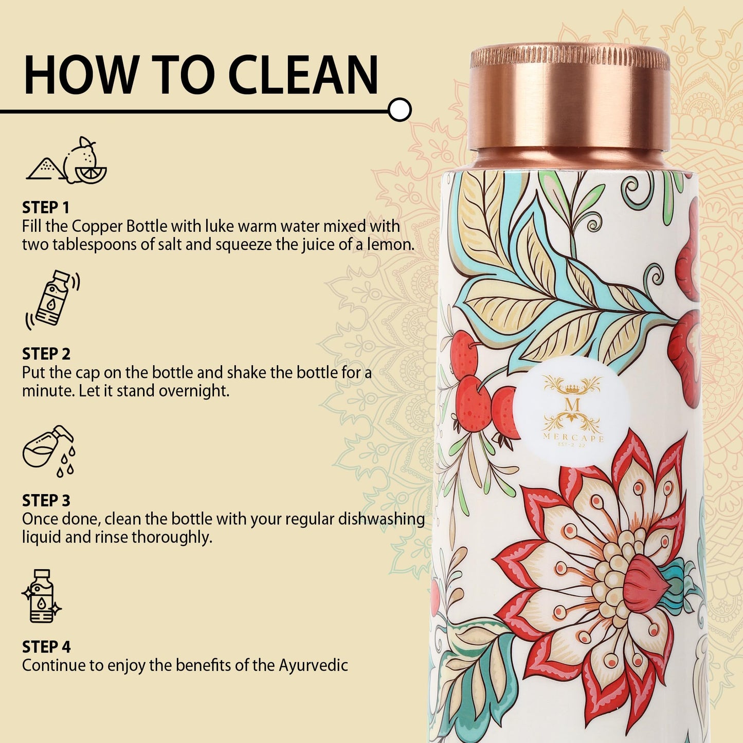 MERCAPE® - Flower Print Pure Copper Water Bottle with 2 Glass | Leak Proof, Durable & Rust Proof | Non-Toxic & BPA Free Steel Bottles | Printed Tamba Bottle (900 ml - 2x 300 ml)