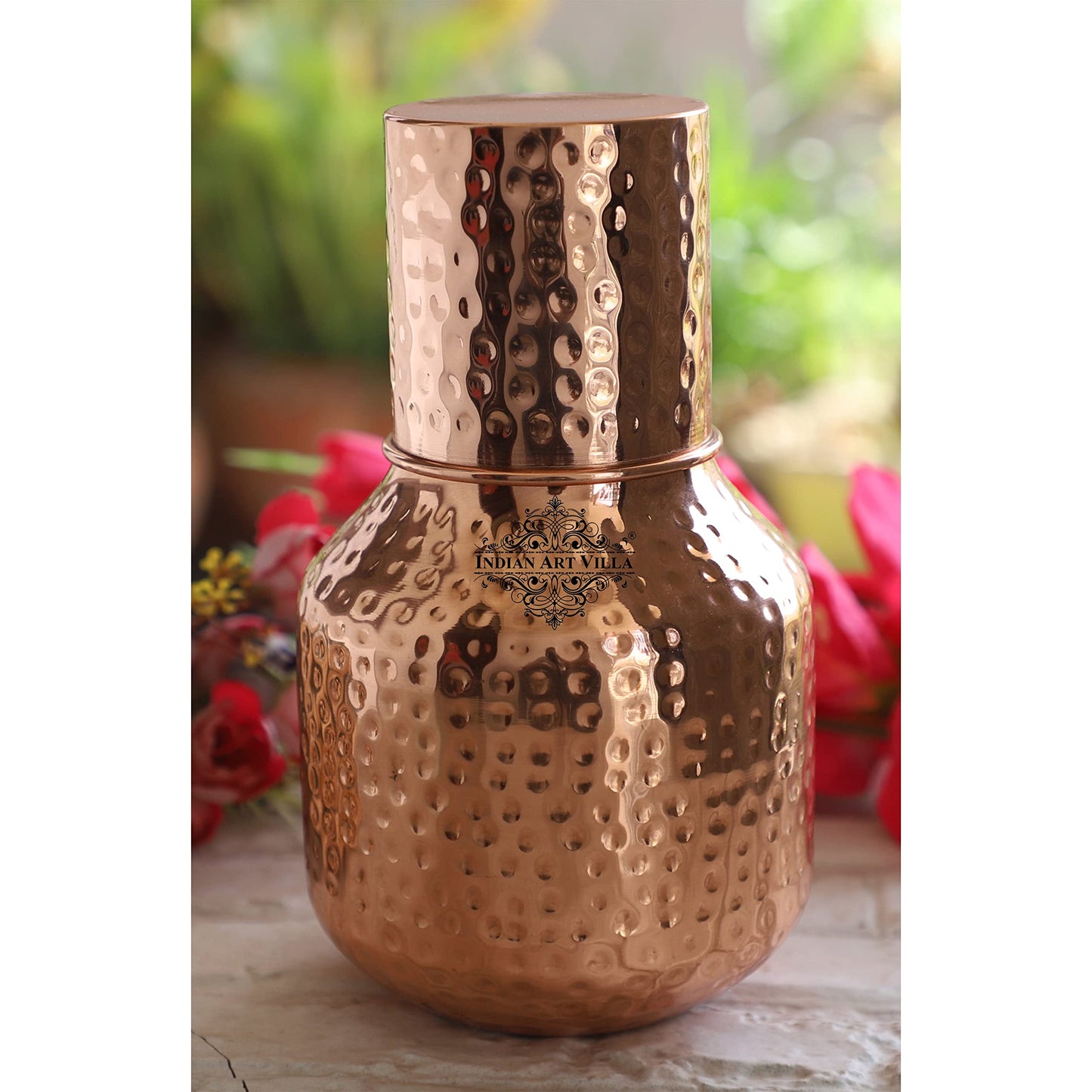 INDIAN ART VILLA Pure Copper Bedroom Water Bottle with Inbuilt Glass, Ghada Design Traditional Hammered Shine Finish - Drinkware & Storage Purpose, Volume 1530 ml (Pack of 1)