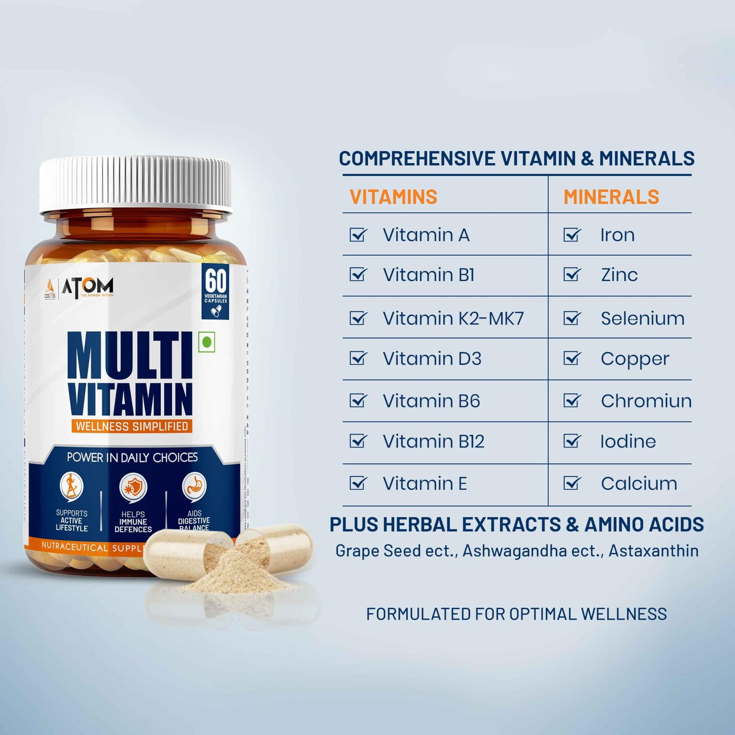 AS-IT-IS Nutrition ATOM Daily Multivitamin for Men & Women, 60 Capsules | Powerful Blend of 31 Vital Nutrients - Vitamins, Minerals, Herbal extracts & Probiotic for Enhancing Energy, Stamina & immunity| Supports Bone, Skin & Overall Health