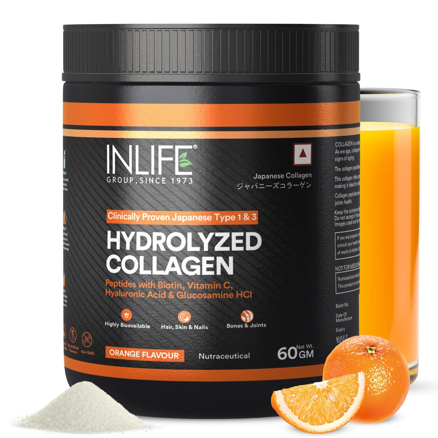 INLIFE Japanese Collagen Powder, Wellnex Clinically Studied Type 1 & 3, Glucosamine Hyaluronic Acid Vitamin C, Skin Hair & Joint Health, Orange 60g