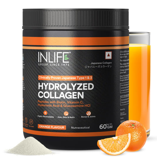 INLIFE Japanese Collagen Powder, Wellnex Clinically Studied Type 1 & 3, Glucosamine Hyaluronic Acid Vitamin C, Skin Hair & Joint Health, Orange 60g
