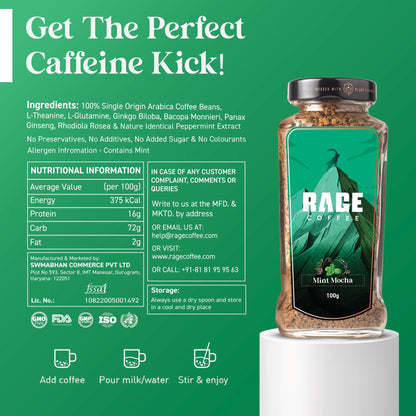 Rage Coffee Mint Mocha Flavoured Instant Coffee with Plant based Vitamins | 100% Arabica beans coffee | Helps in improve Gut health | Hot&Cold coffee - 100g