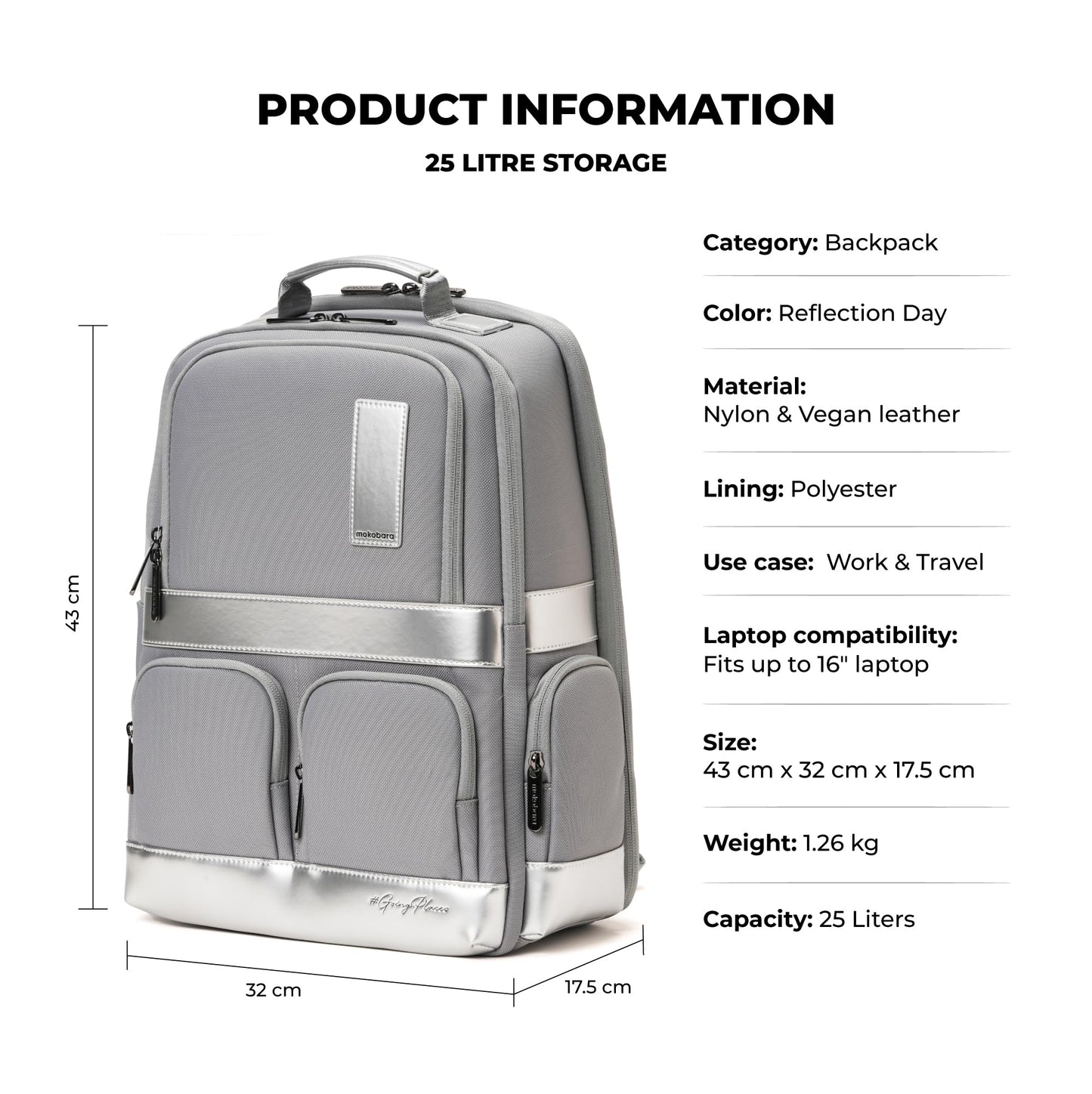 MOKOBARA The Terra Work Backpack | Fits Up To 16 Inch Laptop, 25 Liter Capacity, Water-Resistant Nylon & Vegan Leather Trims | Adjustable Shoulder Straps & Ergonomic Design | Reflection Day (Sliver)