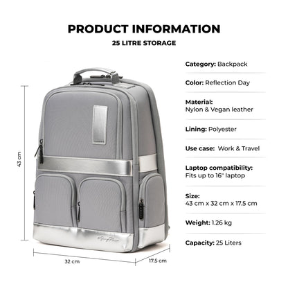 MOKOBARA The Terra Work Backpack | Fits Up To 16 Inch Laptop, 25 Liter Capacity, Water-Resistant Nylon & Vegan Leather Trims | Adjustable Shoulder Straps & Ergonomic Design | Reflection Day (Sliver)