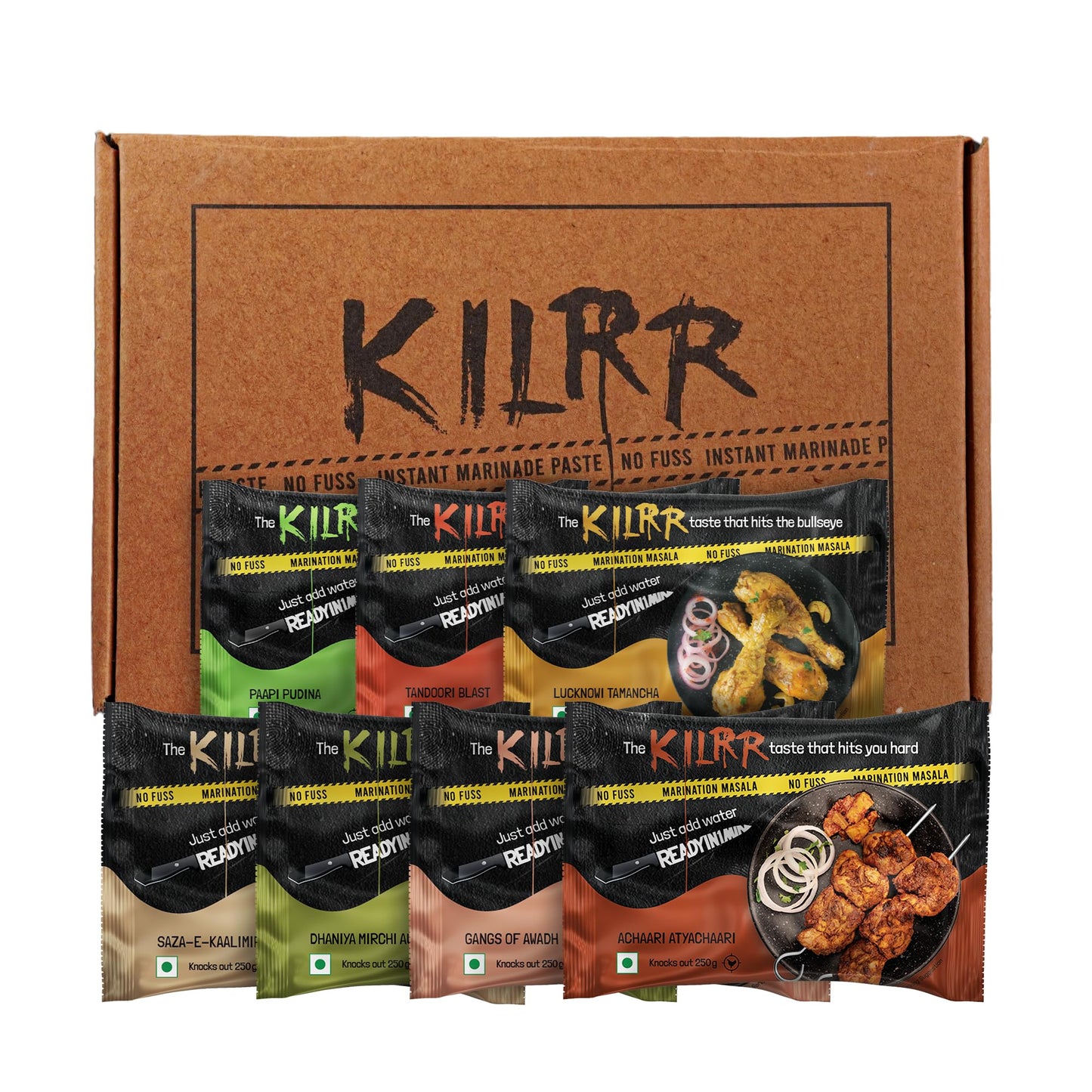 KILRR Chicken Marination Masala Variety Pack of 7 (Marinates 250g Chicken per Pack) | 1- Min Killer Marinade for Tikka, Tandoori Chicken | Just Add Water & Oil | All-Natural, No Preservatives or Additives | Killer Gang