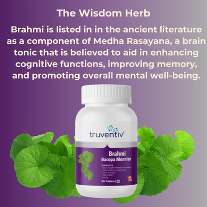 Truventiv Brahmi (Bacopa Monnieri) 500mg Tablets | Memory, Focus & Brain Health Support | Ayurvedic Herbal Supplement | Supports Cognitive Function, Sleep & Overall Wellness | 90 Tablets