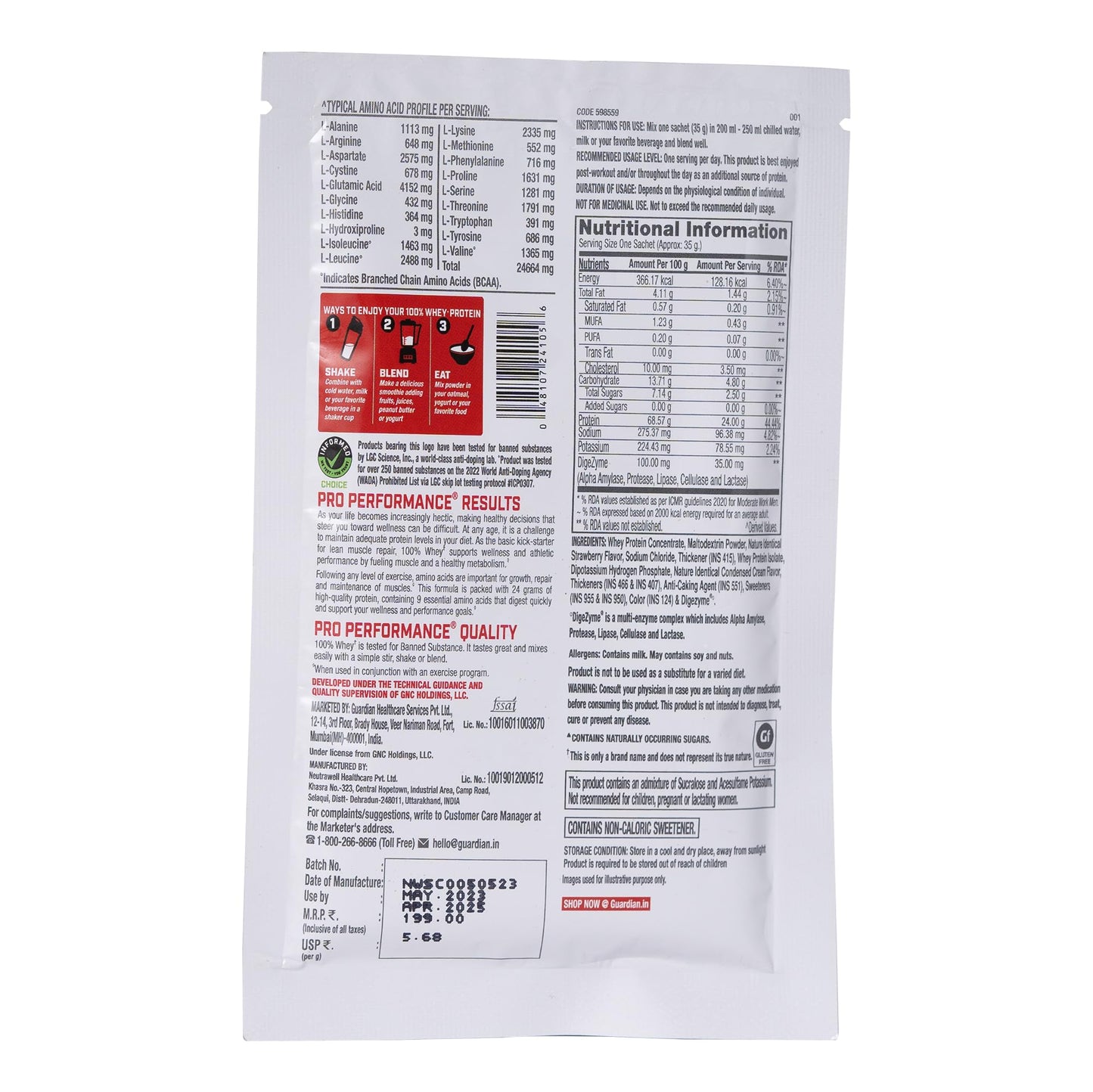 GNC 100% Whey Protein Powder & Black Shaker | Chocolate Supreme | 35g x 6 Sachets | DigeZyme® | Muscle Recovery & Lean Growth