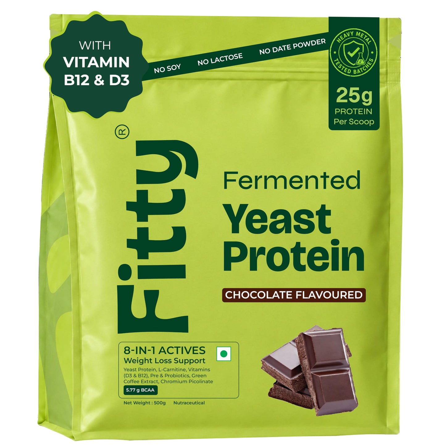 Fitty Fermented Yeast Protein Powder | 25g Protein | With Vitamin D3 & B12 | Weight Management Support | No Added Sugar | Chocolate Flavour | Has all 9 Essential Amino Acids | Supports Metabolism | Vegan Protein | 500g
