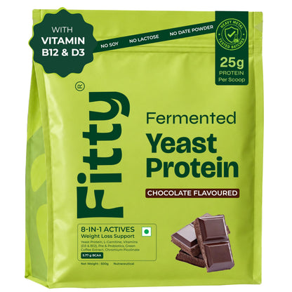 Fitty Fermented Yeast Protein Powder | 25g Protein | With Vitamin D3 & B12 | Weight Management Support | No Added Sugar | Chocolate Flavour | Has all 9 Essential Amino Acids | Supports Metabolism | Vegan Protein | 500g