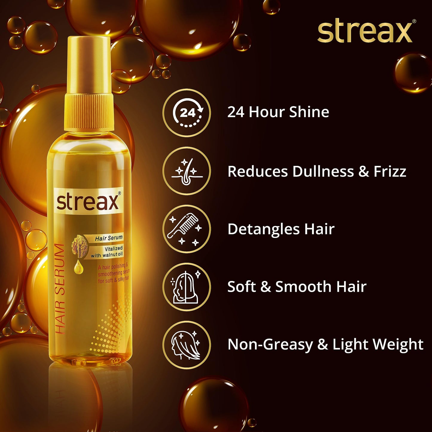 Streax Hair Serum-200 ml Vitalized with Walnut Oil, For Hair Smoothening & Shine, For Dry & Frizzy Hair