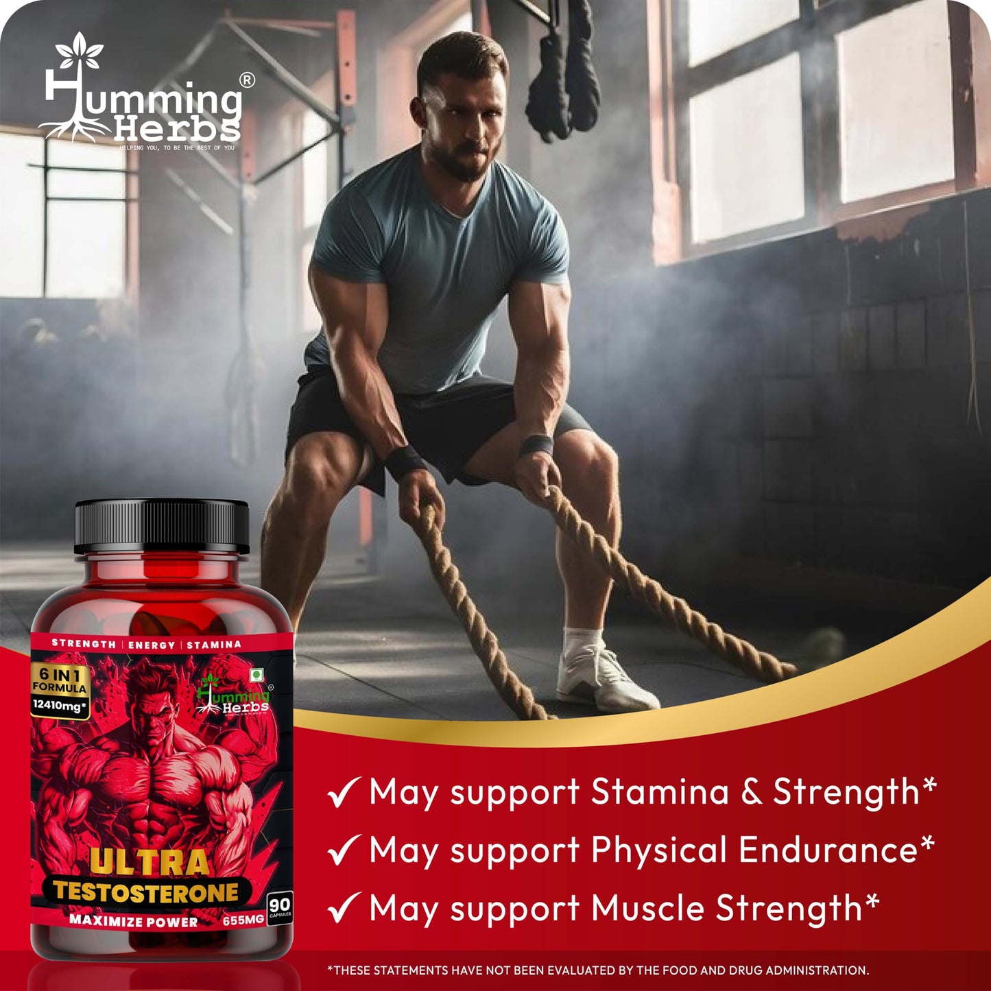 Humming Herbs Ultra Testosterone support for men| Muscle Growth, Energy and Performance with | Tongkat Ali, Tribulus,Arginine and Horny Goat Weed | | 6in1 | 12410 eqv |90 Capsules |, 80 grams