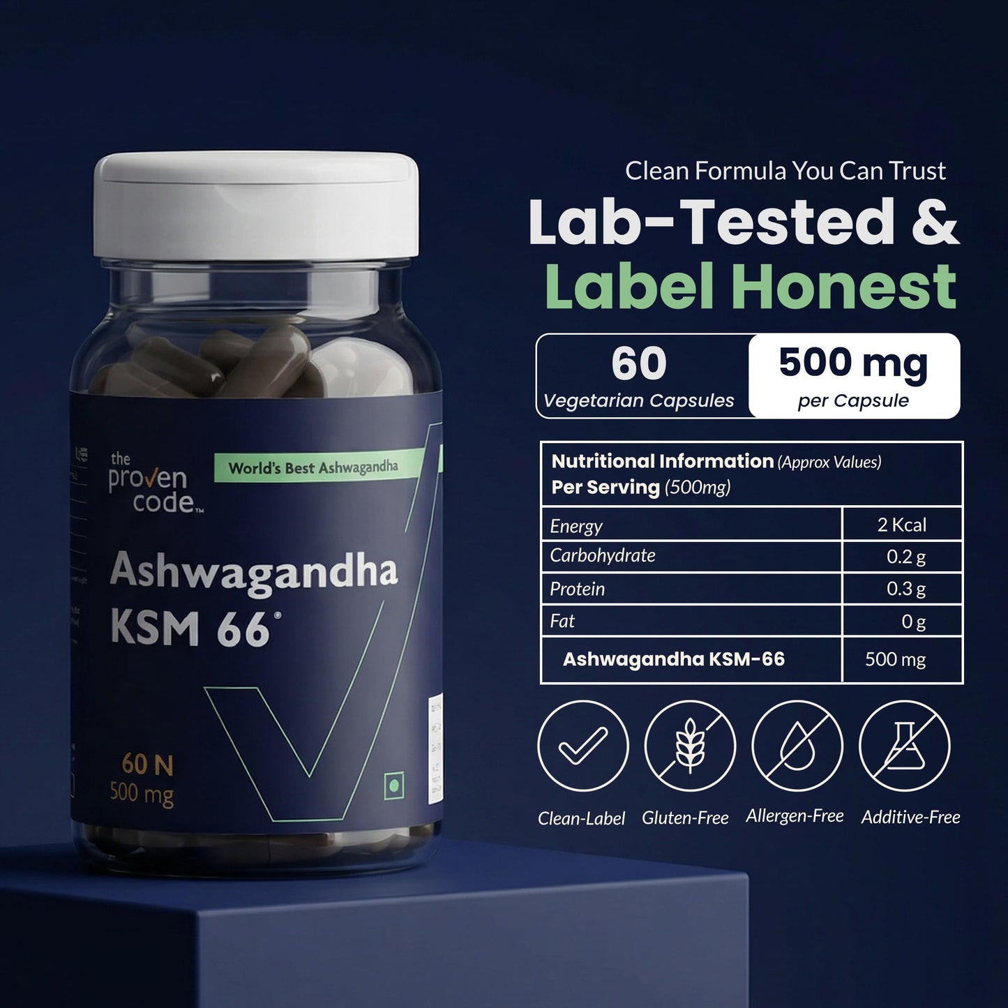 The Proven Code Ashwagandha KSM-66® 500mg | Lab Tested | 50+ Clinical Trials | 5% Withanolides | 100% Root Extract | Stress, Sleep, Energy & Immunity Support | 60 Capsules