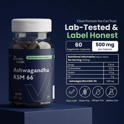 The Proven Code Ashwagandha KSM-66® 500mg | Lab Tested | 50+ Clinical Trials | 5% Withanolides | 100% Root Extract | Stress, Sleep, Energy & Immunity Support | 60 Capsules