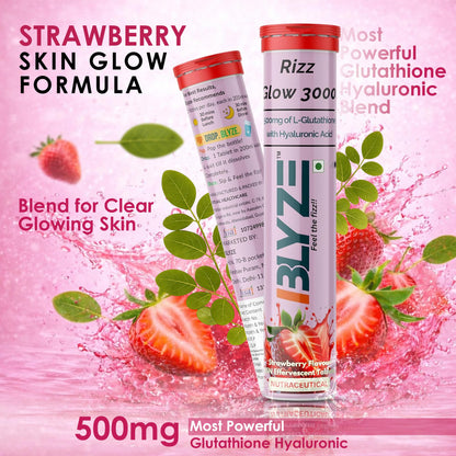 BLYZE Rizz Glow 3000 Glutathione Effervescent Tablets for Clear, Glowing and Youthful Skin – 500mg Glutathione with Hyaluronic Acid, No Sugar, No Maltodextrin – Pack of 1 (15 Tablets) Strawberry Flavor