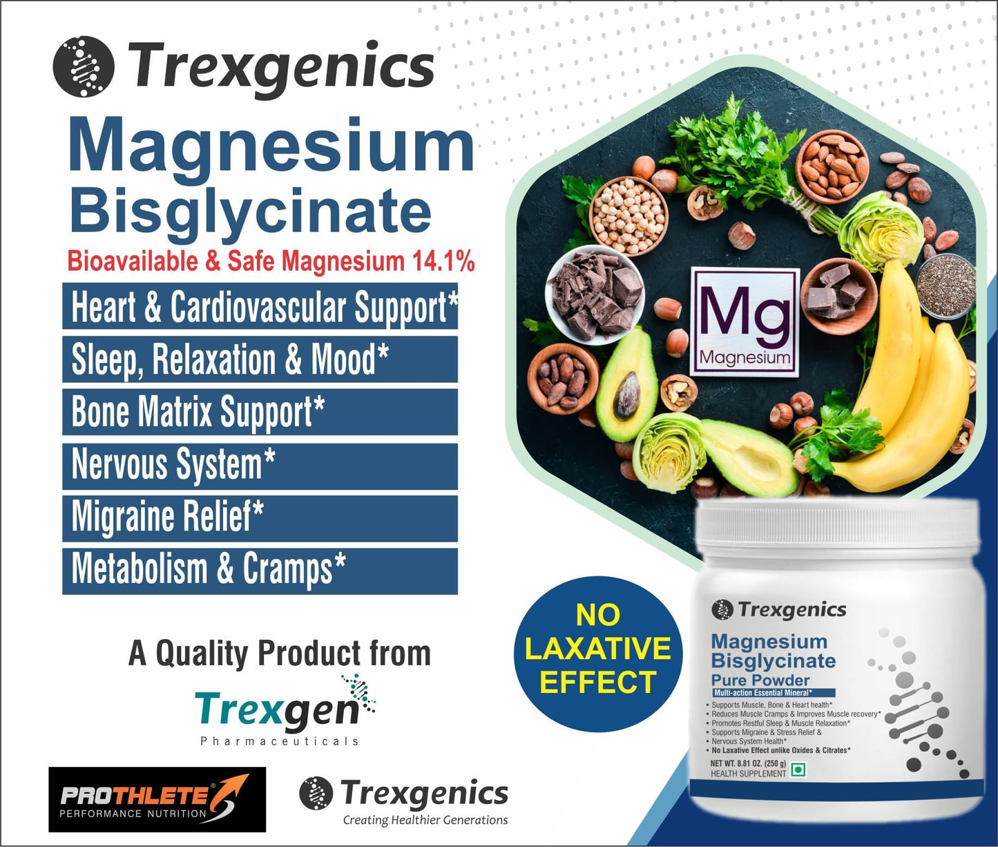 Trexgenics MAGNESIUM BISGLYCINATE PURE POWDER provides a highly bioavialble form of Magnesium, No Laxative effect, added benefits of the amino acid Glycine (Pack of 1)