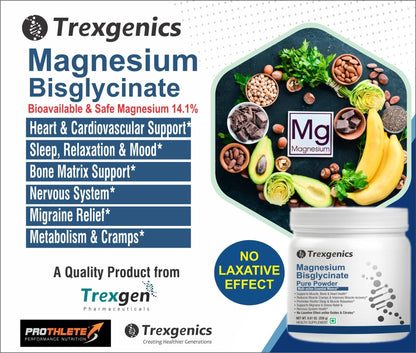 Trexgenics MAGNESIUM BISGLYCINATE PURE POWDER provides a highly bioavialble form of Magnesium, No Laxative effect, added benefits of the amino acid Glycine (Pack of 1)