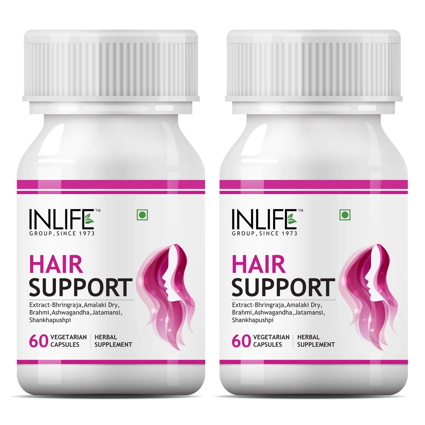 INLIFE Hair Support Supplement, Bhringraj, Brahmi, Ashwagandha and other Ayurvedic Herbs 500 mg - 60 Vegetarian Capsules (Pack of 2, 120)