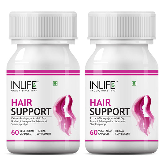 INLIFE Hair Support Supplement, Bhringraj, Brahmi, Ashwagandha and other Ayurvedic Herbs 500 mg - 60 Vegetarian Capsules (Pack of 2, 120)