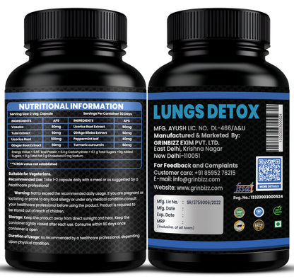 Grinbizz Lung Detox Capsules | Supports Lung Health, Respiratory Function & Mucus Removal | Herbal Antioxidant Cleanse | Ayurvedic Supplement for Immunity & Breathing Support | 60 Capsules