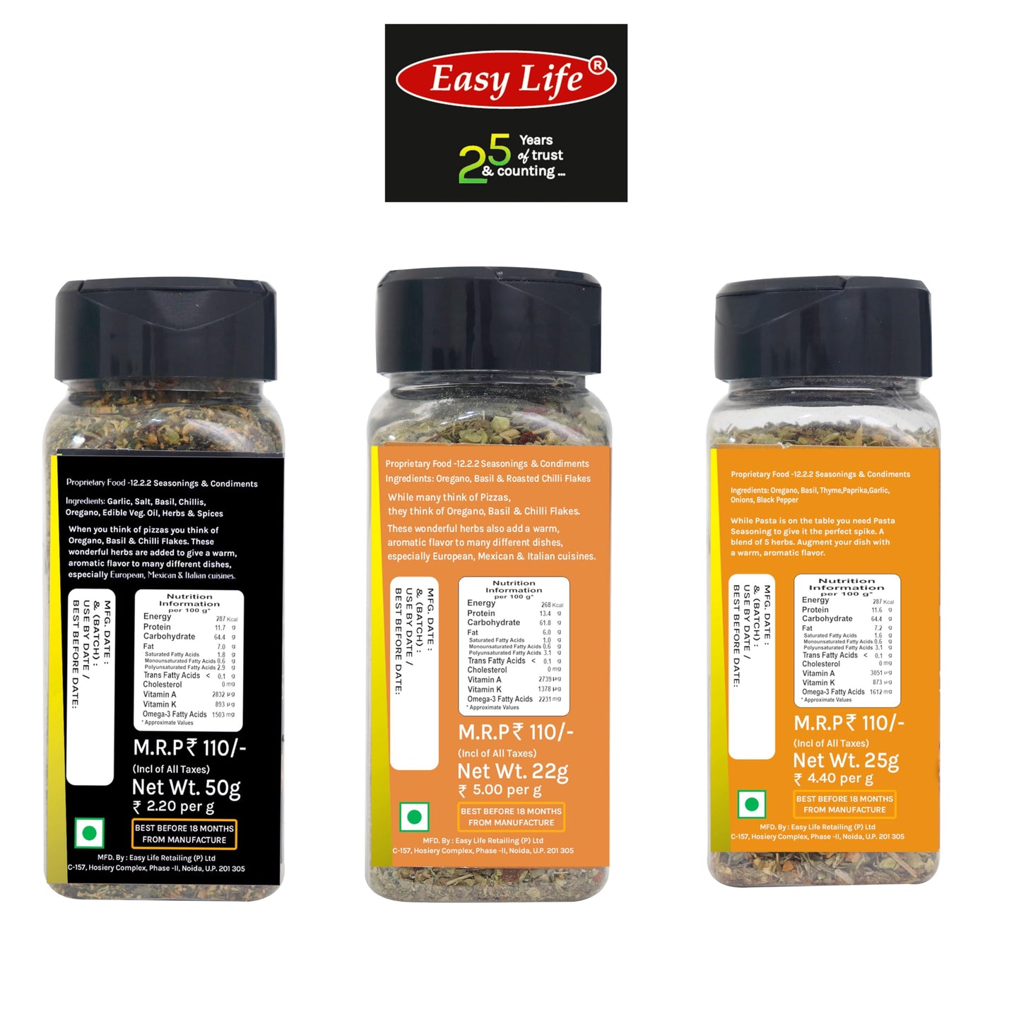 Easy Life Combo of Oregano Seasoning 50g and Pizza Seasoning 25g with Pasta Seasoning 25g